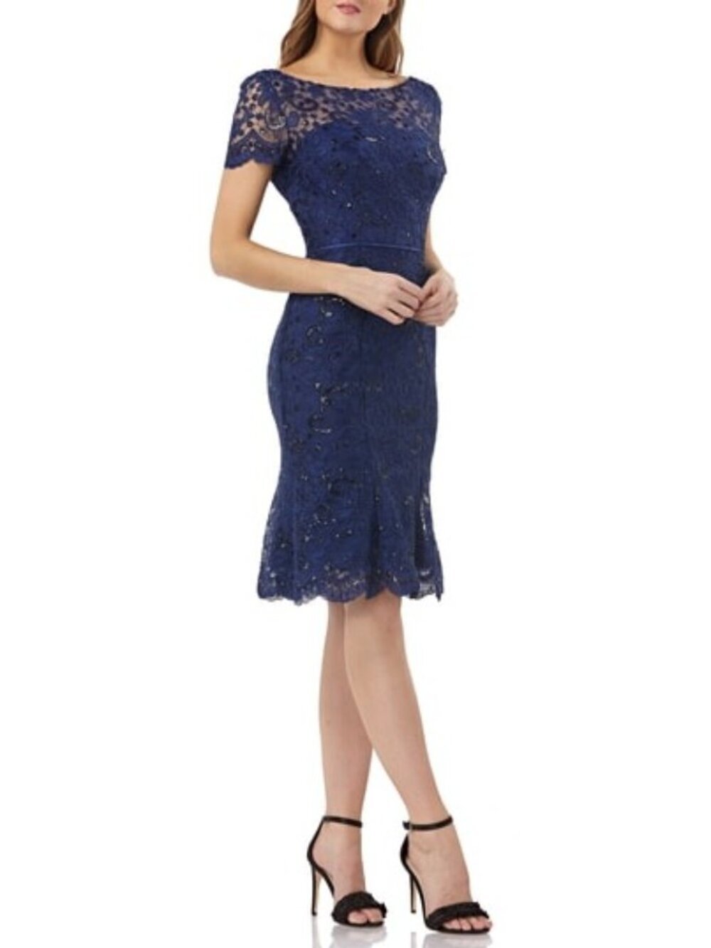 JS Collections NWT Midnight Blue Sequin Corded Lace Cocktail Sheath Size 16